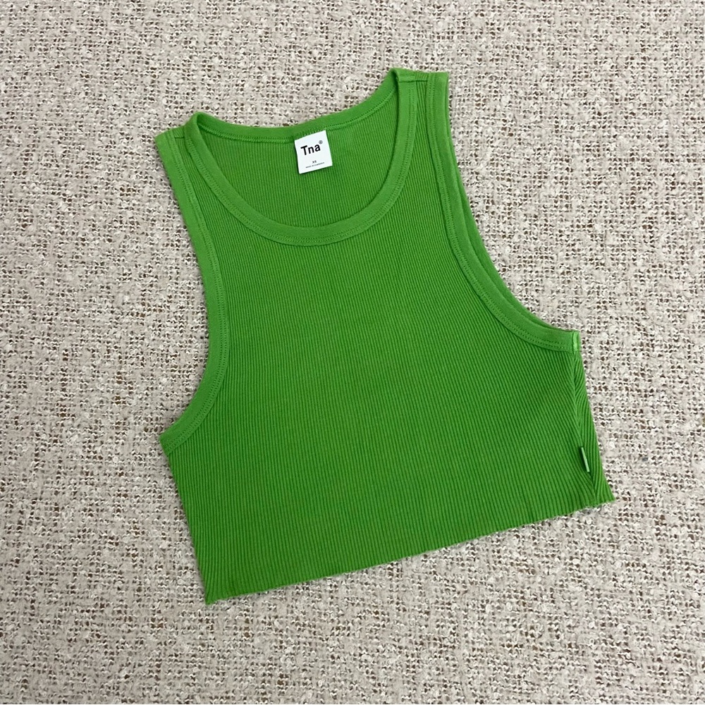TNA Ribbed Green Cotton Cropped Tank Top
